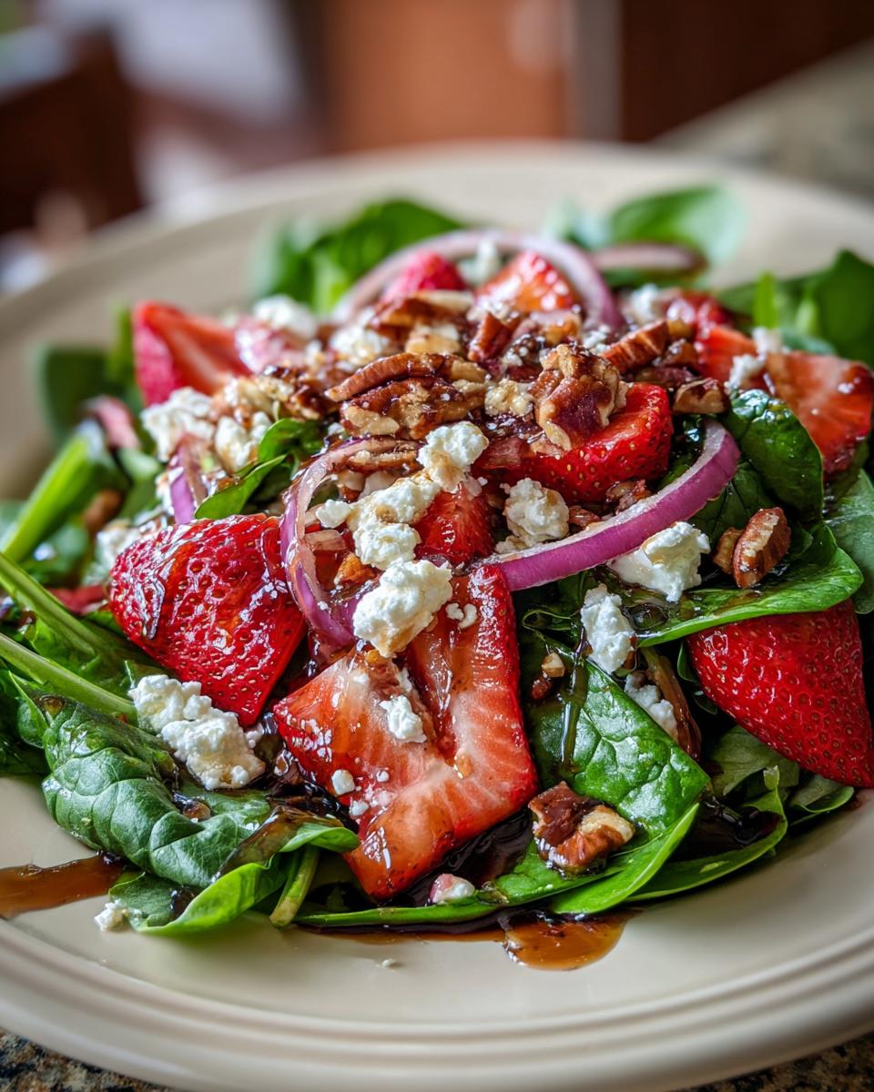 A refreshing strawberry spinach salad with crumbled feta cheese, red onion, pecans, and a balsamic glaze.