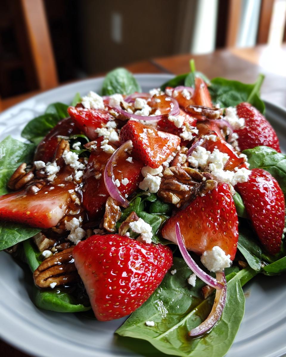 A vibrant strawberry spinach salad topped with crumbled feta cheese, toasted pecans, red onion, and a balsamic glaze.
