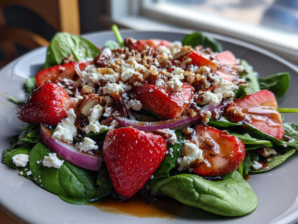 A refreshing strawberry spinach salad topped with feta cheese, chopped nuts, and red onion, drizzled with balsamic glaze.