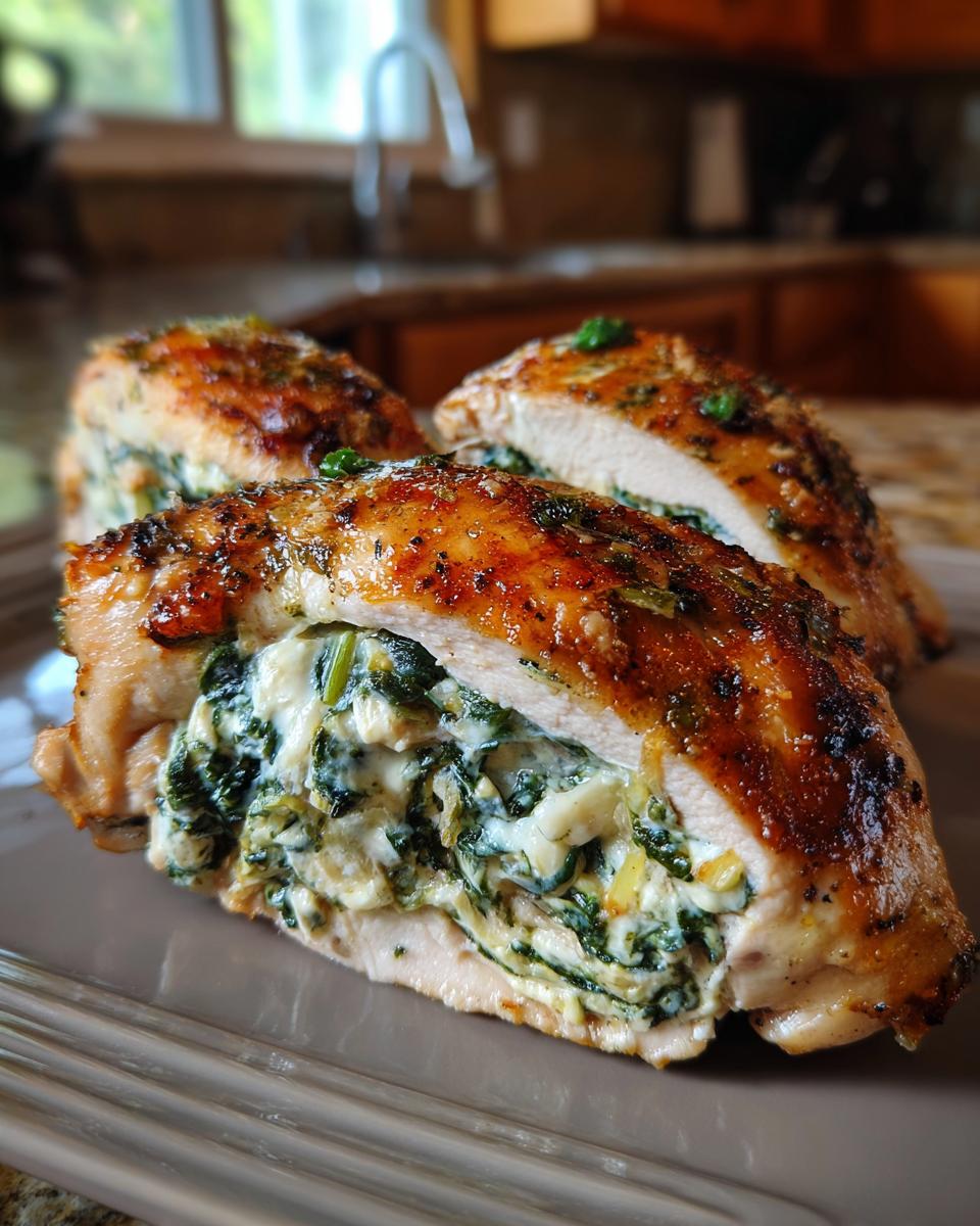 Close-up of a juicy stuffed spinach chicken breast, showing the creamy spinach and cheese filling.