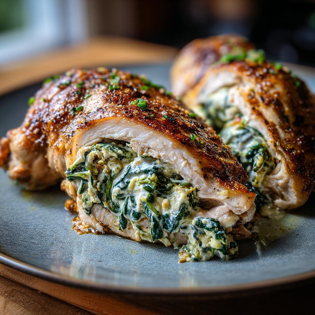 Close-up of a juicy stuffed spinach chicken breast, cut in half to reveal creamy spinach filling.