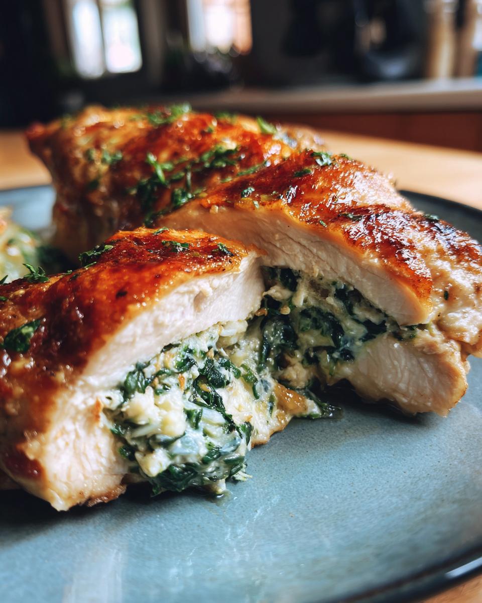 Close-up of a juicy stuffed spinach chicken breast, showing the creamy spinach and cheese filling.