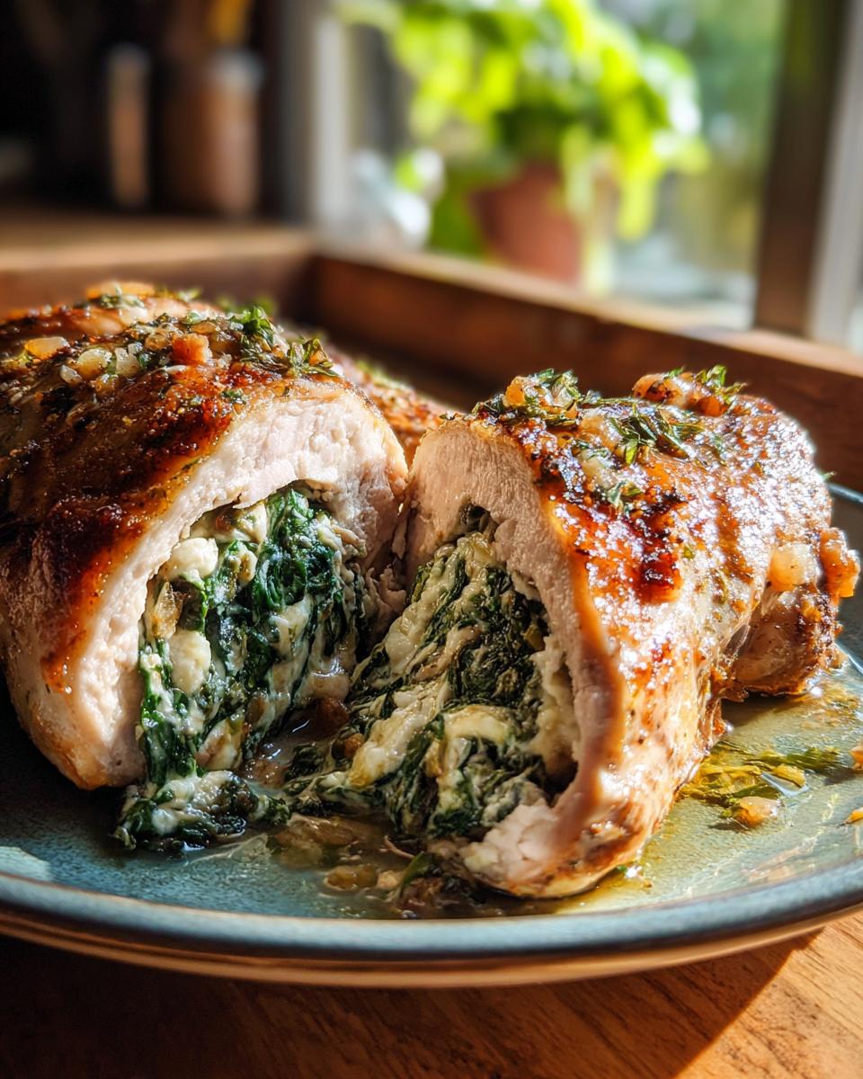 Close-up of a juicy stuffed spinach chicken breast, cut in half to reveal the creamy spinach and cheese filling.