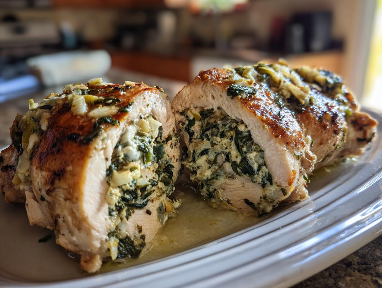 Close-up of an easy stuffed spinach chicken breast recipe, cut in half to show the creamy spinach filling.