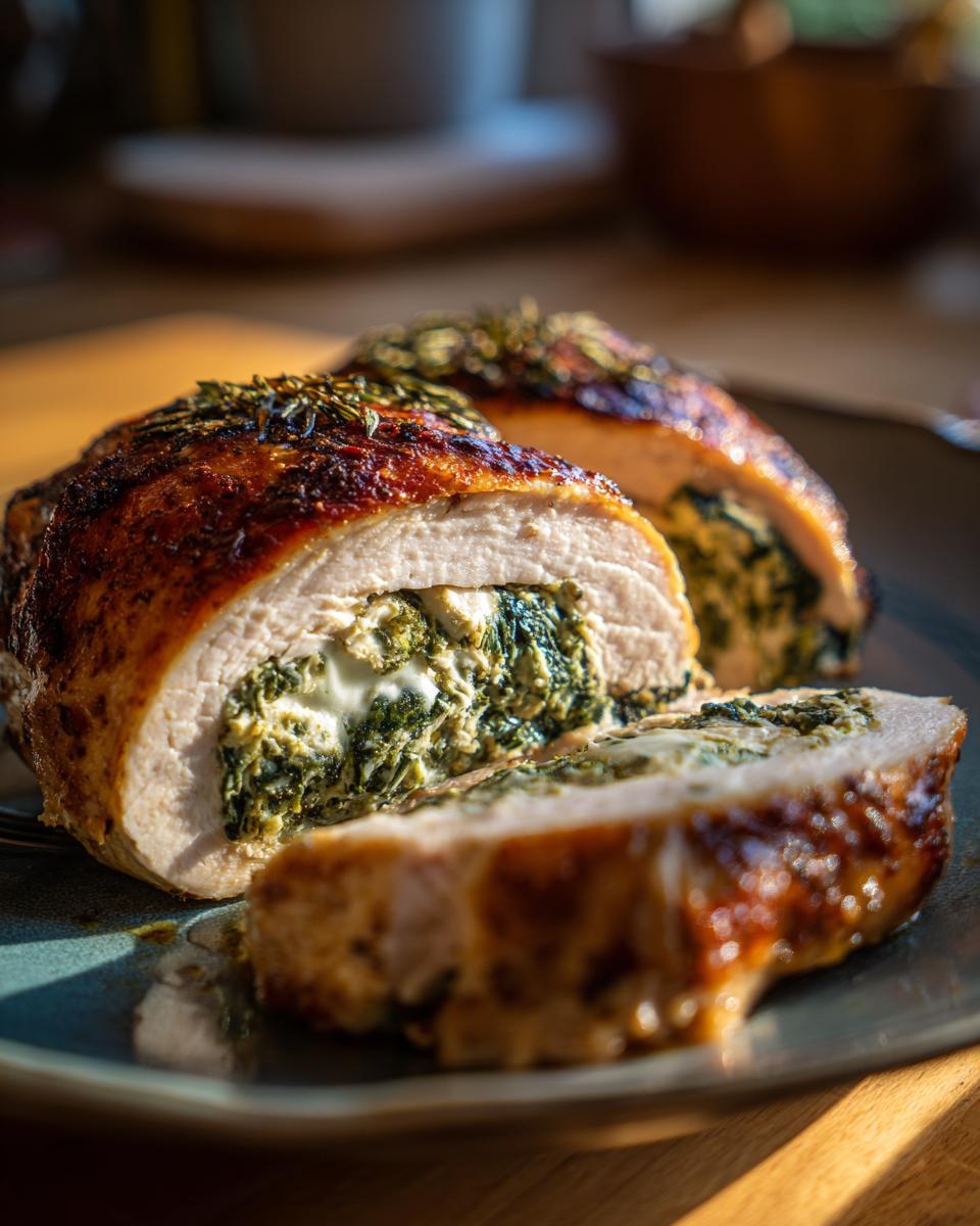 Close-up of a sliced stuffed spinach chicken breast, showing the creamy spinach and cheese filling.
