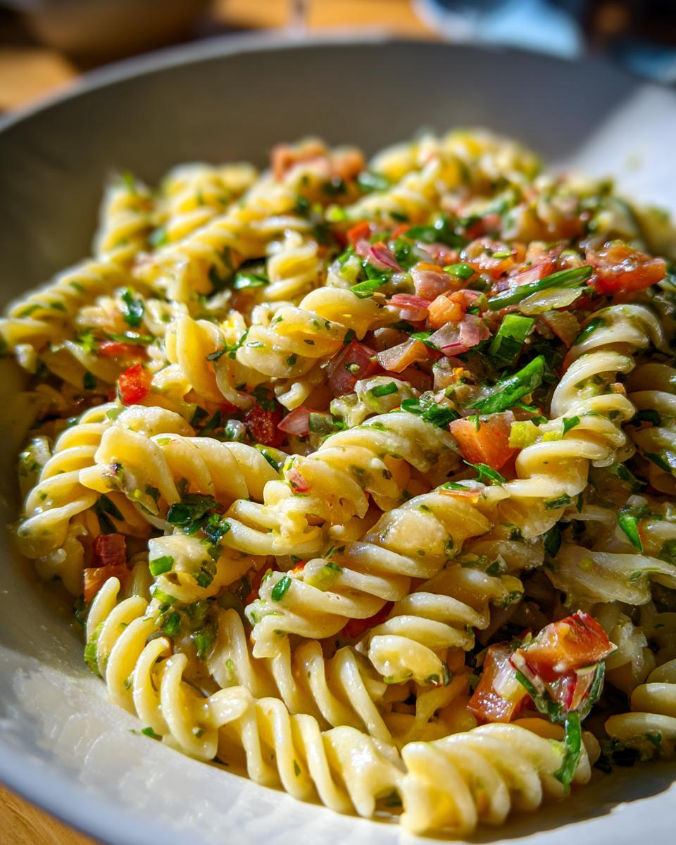 Close-up of a bright summer pasta salad with fusilli pasta, fresh herbs, tomatoes, and red onion.