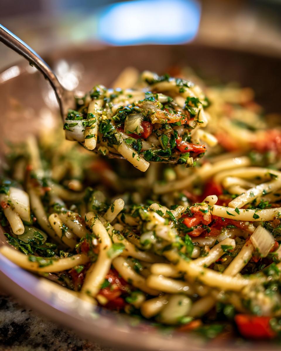 A spoonful of bright summer pasta salad, showcasing fresh herbs, diced tomatoes, and pasta.