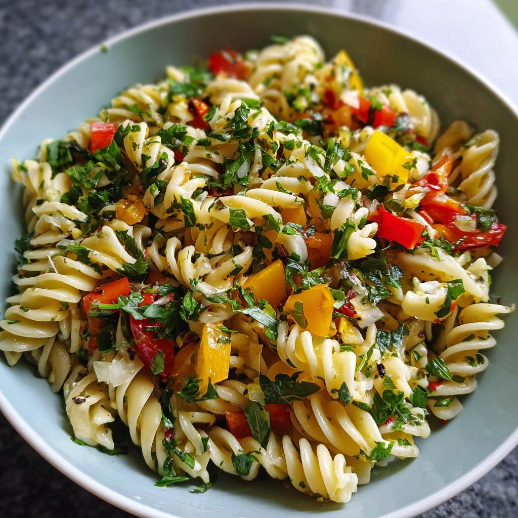 A close-up shot of a bowl of bright summer pasta salad, featuring fusilli pasta mixed with colorful chopped bell peppers and abundant fresh parsley.