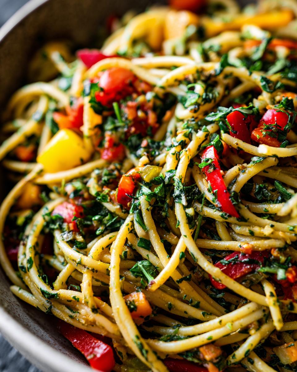 Close-up of a vibrant summer pasta salad loaded with fresh herbs, cherry tomatoes, and bell peppers.