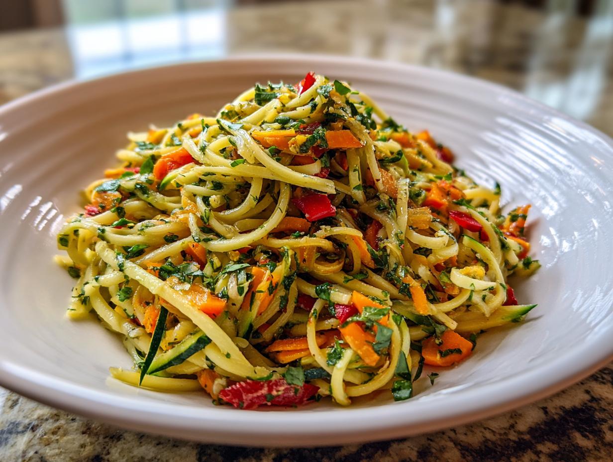 A vibrant bowl of summer pasta salad, packed with fresh herbs, zucchini, carrots, and red peppers.