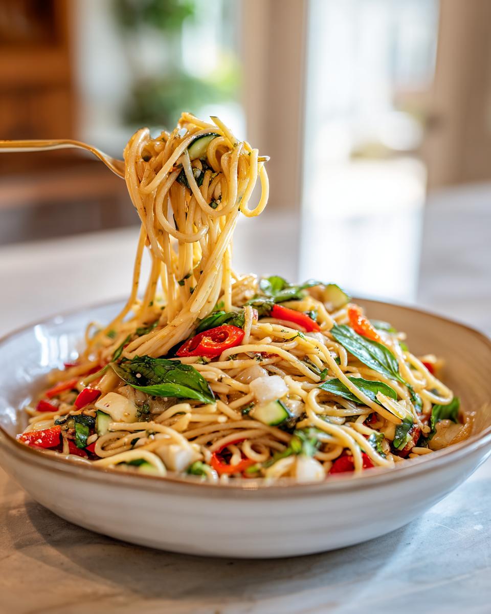 A fork twirls spaghetti from a bowl of bright summer pasta salad with herbs, zucchini, and red peppers.