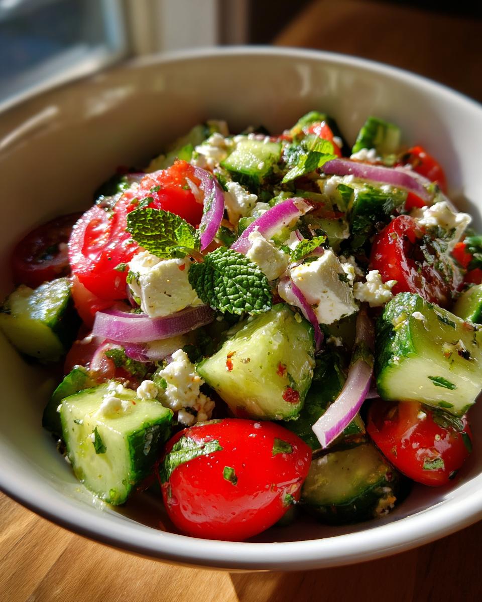 A refreshing summer salad with cucumber, tomato, feta cheese, red onion, and mint.