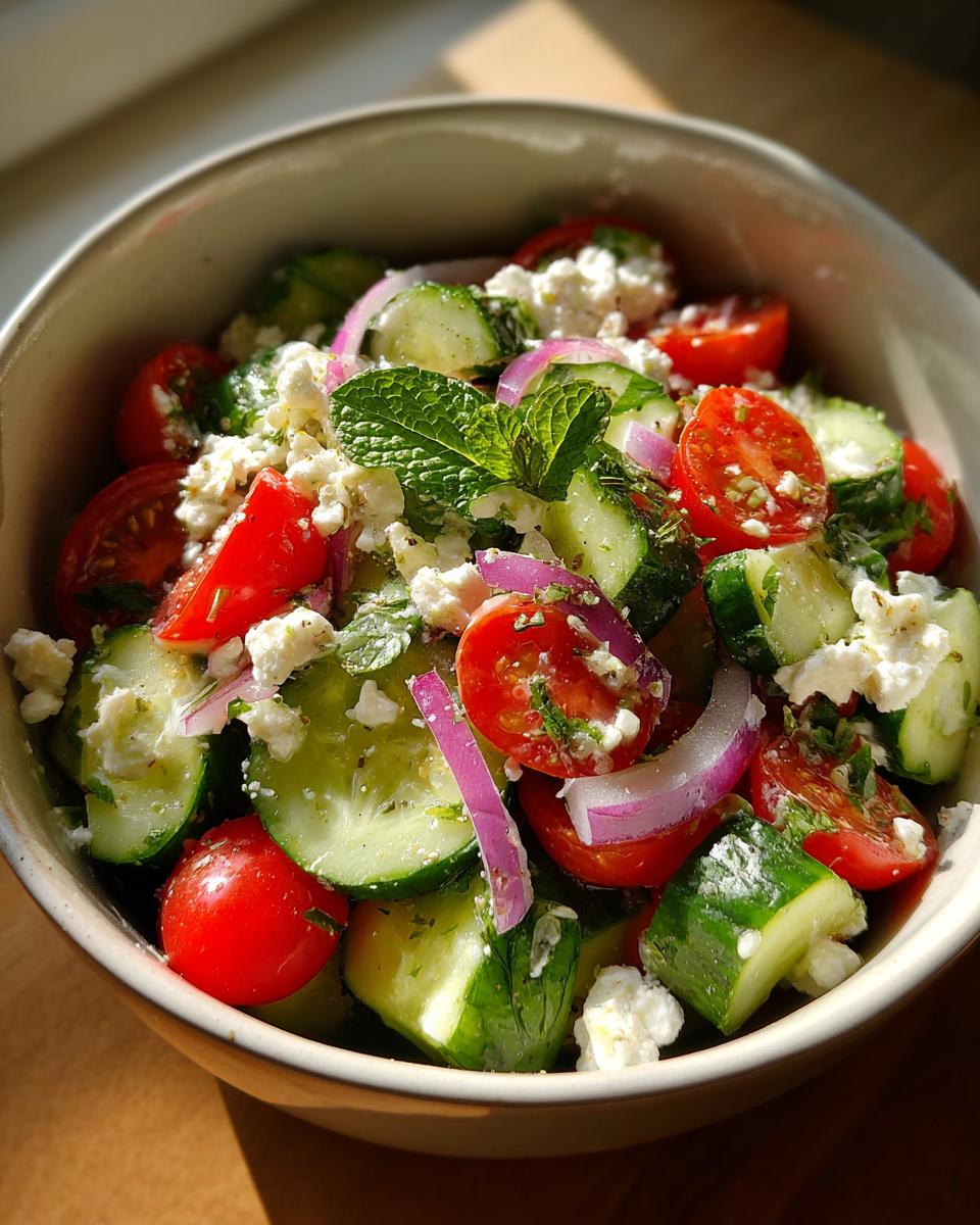 A refreshing summer salad with cucumber, tomato, feta cheese, red onion, and mint, perfect for cookouts.