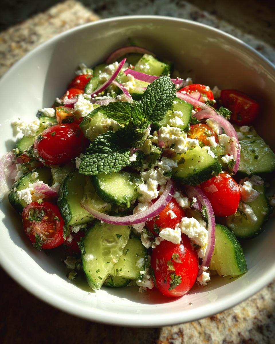 A refreshing summer salad with cucumber, cherry tomatoes, feta cheese, and red onion, garnished with mint.