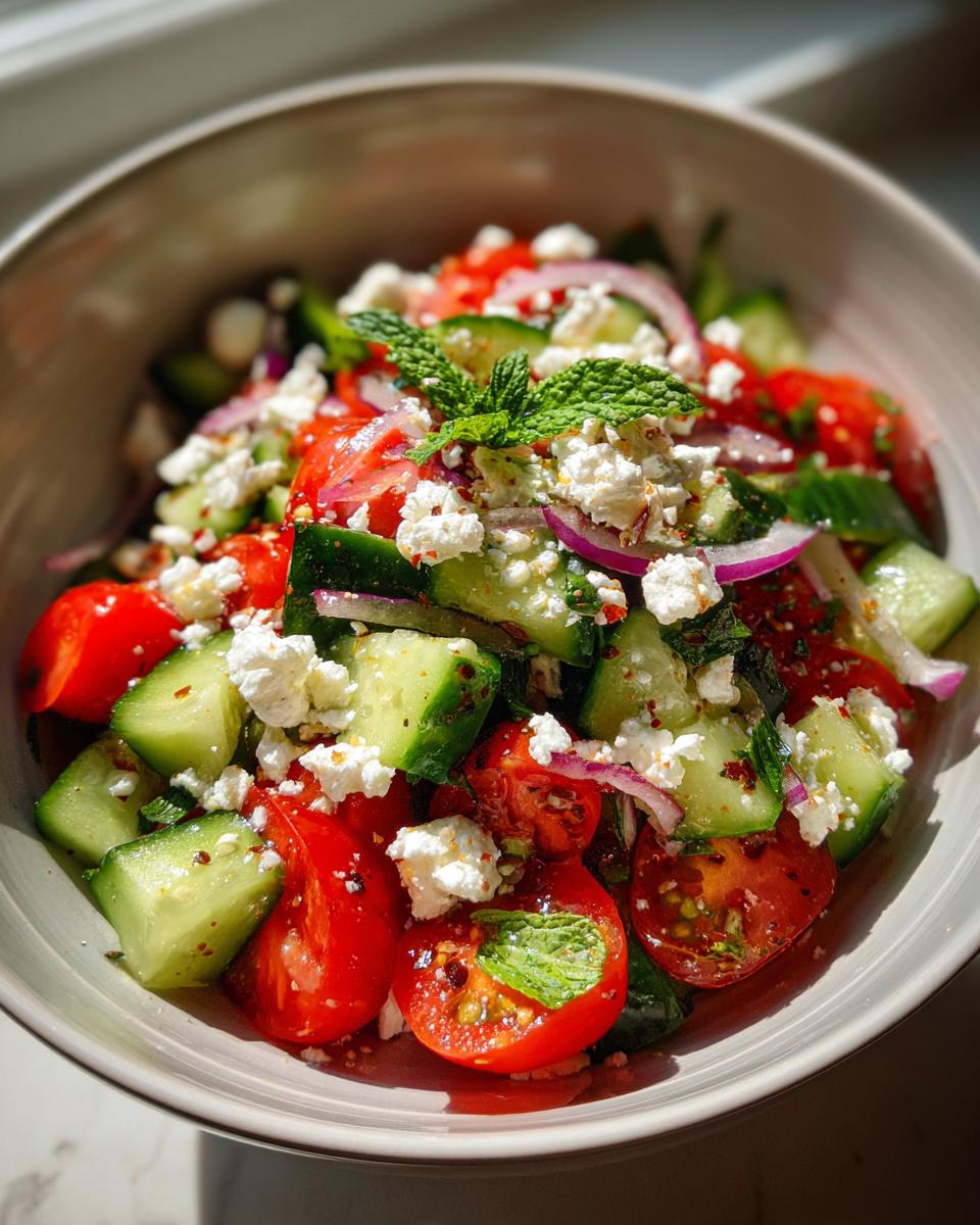 A refreshing summer salad with cucumber, tomato, feta cheese, red onion, and mint, perfect for cookouts.