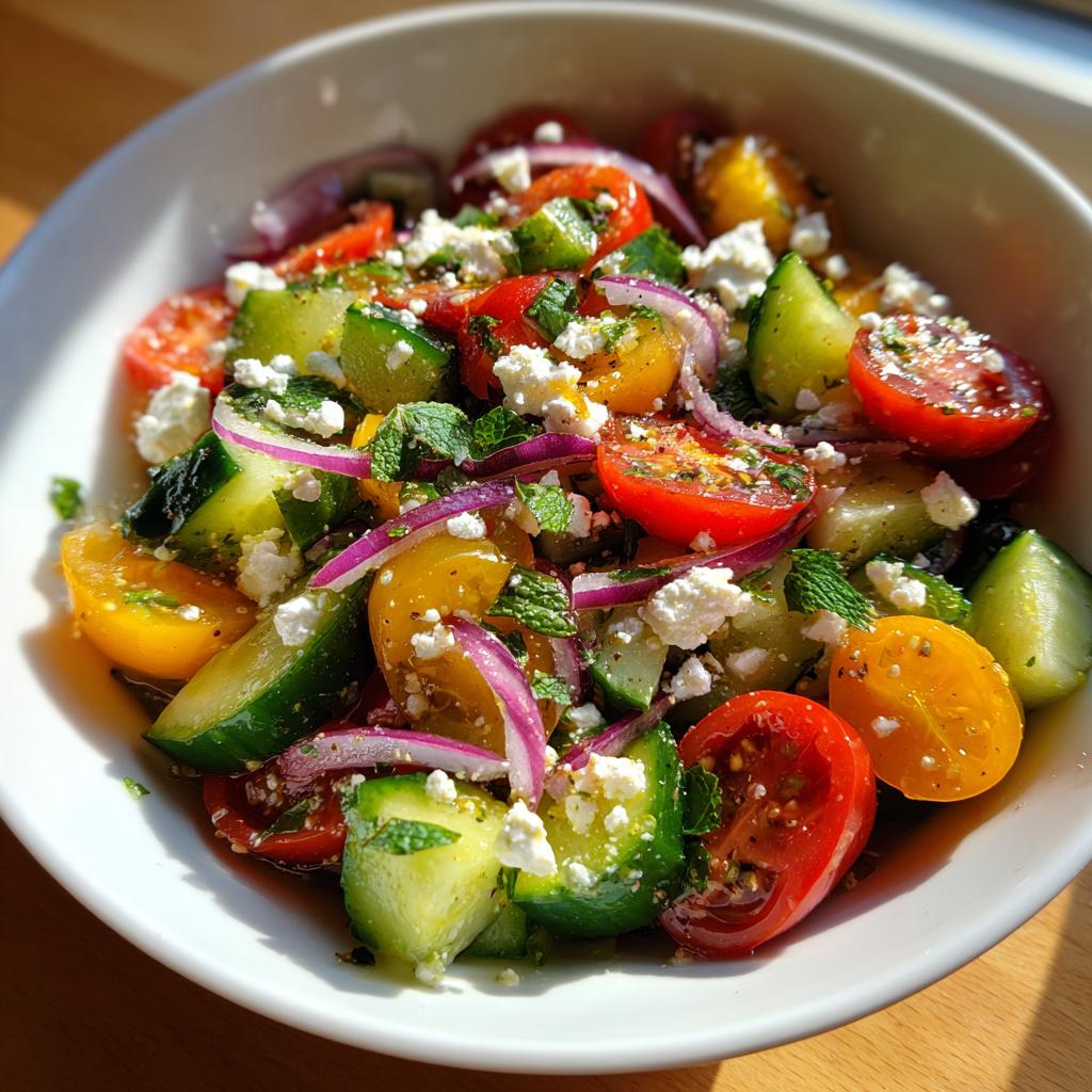 A refreshing Summer Salad with Cucumber, Tomato, Feta, and Red Onion, perfect for cookouts.