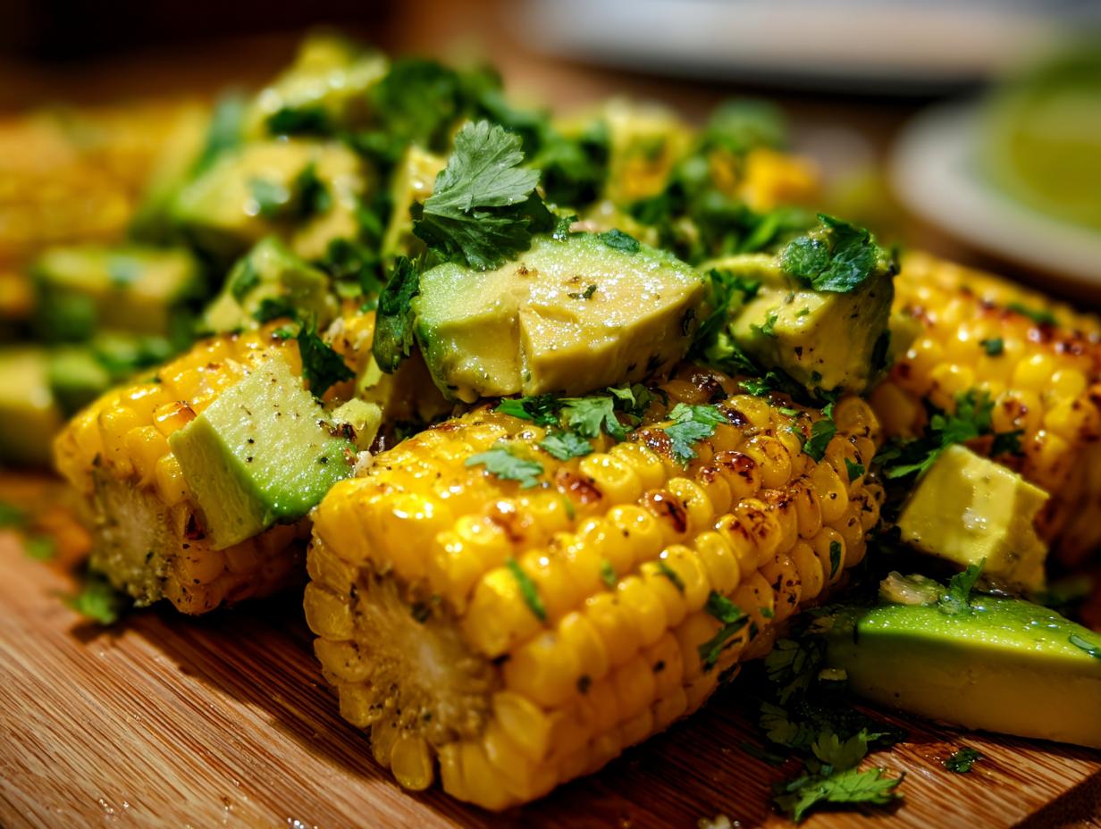 Close-up of grilled corn on the cob pieces topped with diced avocado and cilantro, part of summer salad recipes.