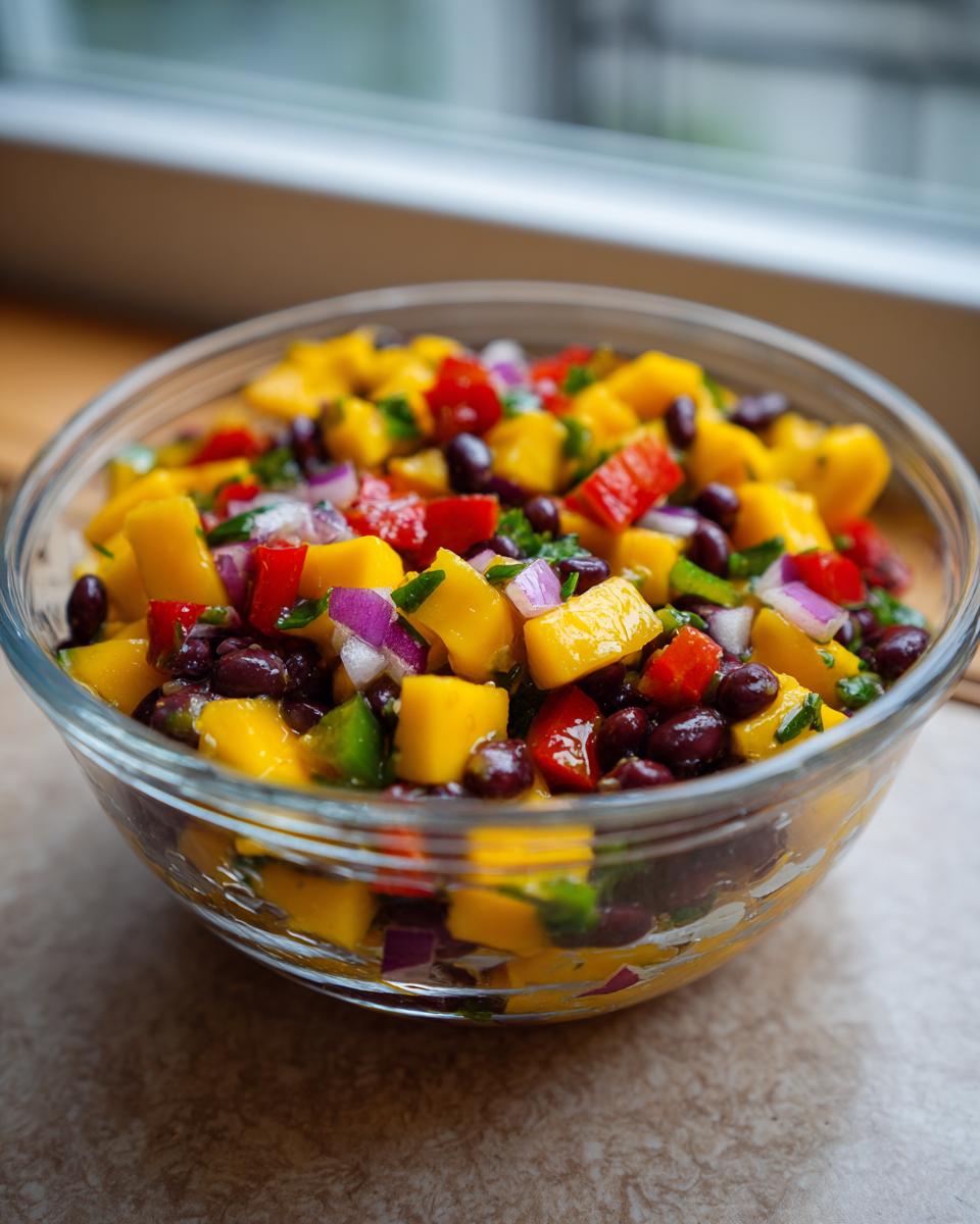 A vibrant bowl of Summer Salad Recipes With Mango Black Bean, featuring diced mango, black beans, red onion, and bell peppers.