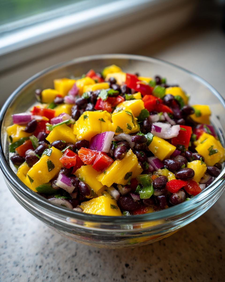 Close-up of a vibrant Summer Salad Recipe with Mango Black Bean, featuring diced mango, black beans, red onion, and bell peppers in a glass bowl.