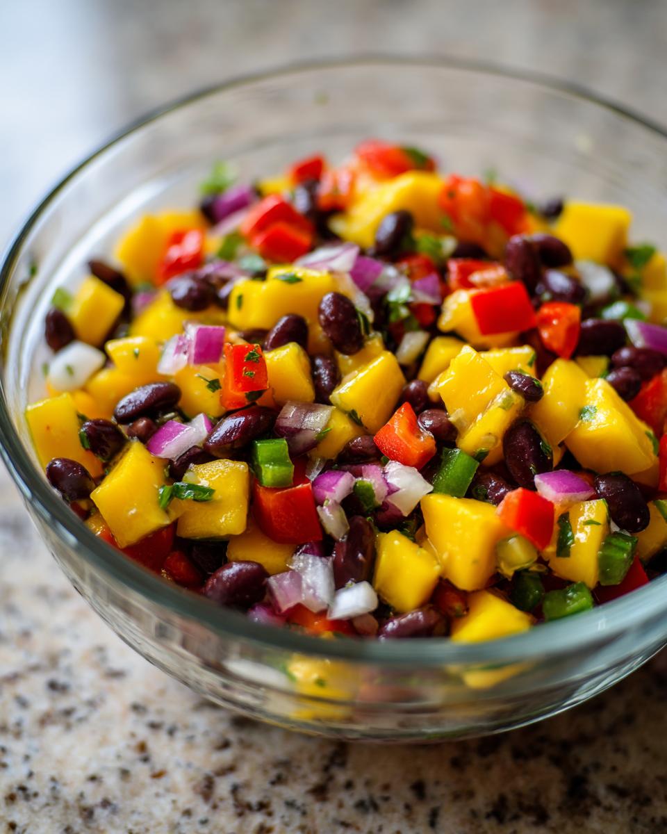 Close-up of a vibrant Summer Salad Recipe with Mango Black Beans, featuring diced mango, black beans, red bell peppers, red onion, and cilantro.