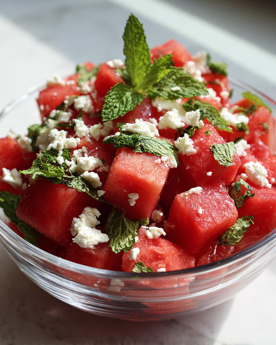 A refreshing bowl of summer salad featuring cubed watermelon, crumbled feta cheese, and fresh mint leaves.