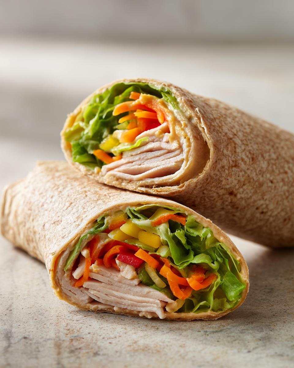 A whole wheat turkey wrap cut in half, showcasing layers of turkey, lettuce, shredded carrots, and bell peppers.