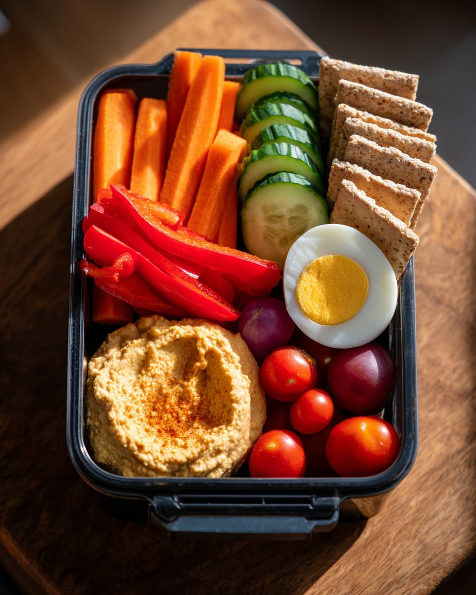 A healthy Veggie Hummus Bento Box with carrots, cucumber, bell pepper, crackers, egg, and cherry tomatoes.