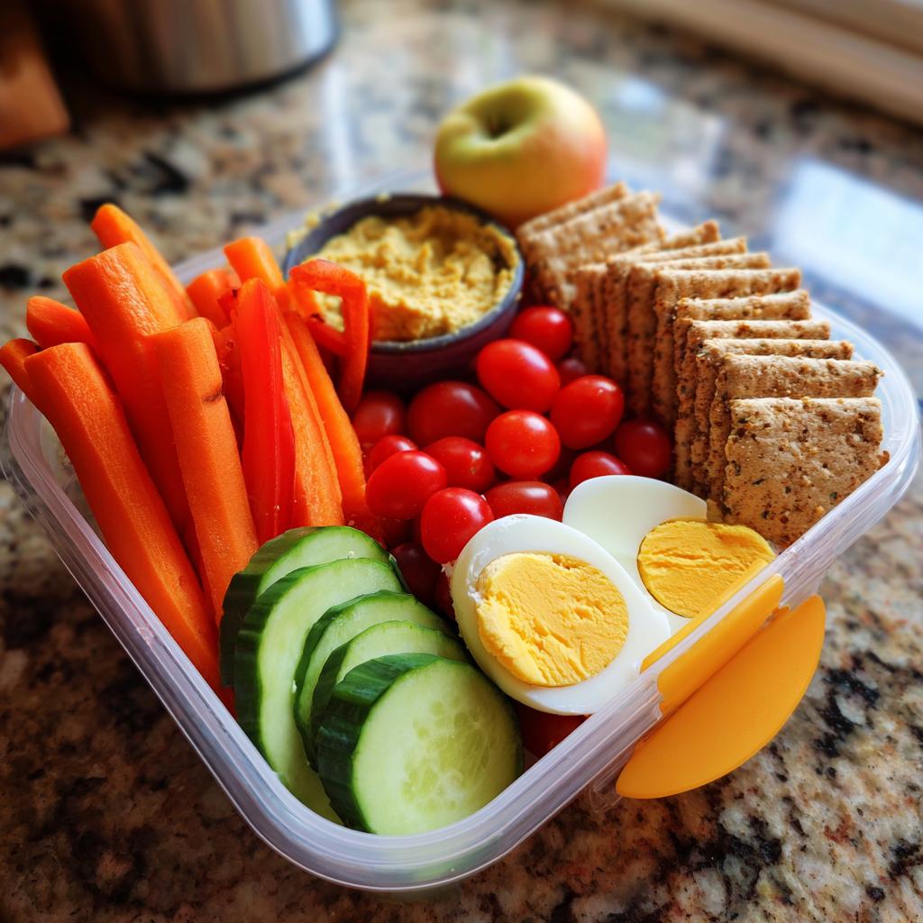 A healthy lunch bento box with veggie hummus, carrots, cucumber, cherry tomatoes, crackers, and hard-boiled eggs.