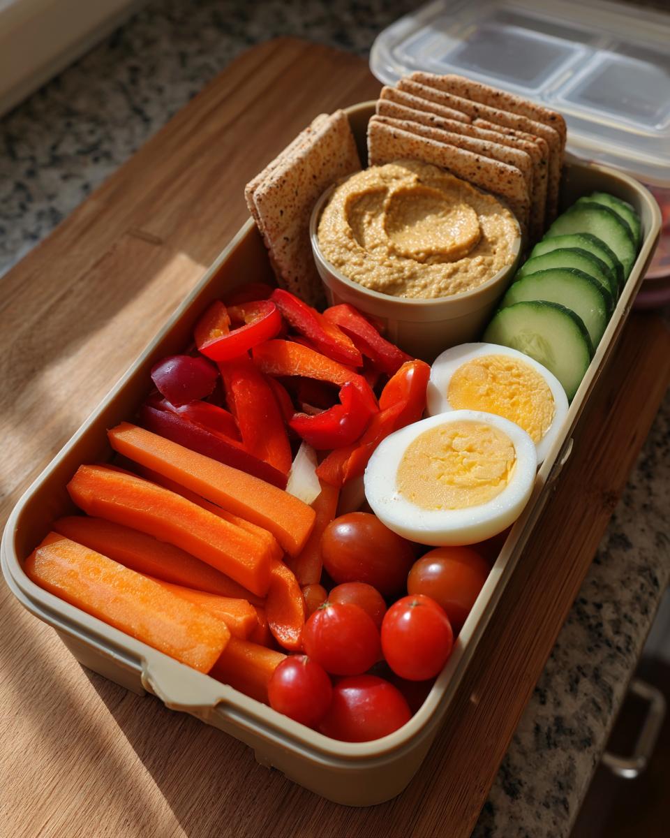 A bento box filled with hummus, crackers, sliced cucumbers, carrots, bell peppers, cherry tomatoes, and hard-boiled eggs, perfect for healthy lunch ideas.