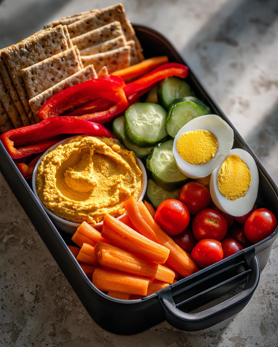 A bento box filled with healthy lunch ideas: veggie hummus, crackers, cucumber slices, bell pepper strips, cherry tomatoes, carrots, and hard-boiled eggs.