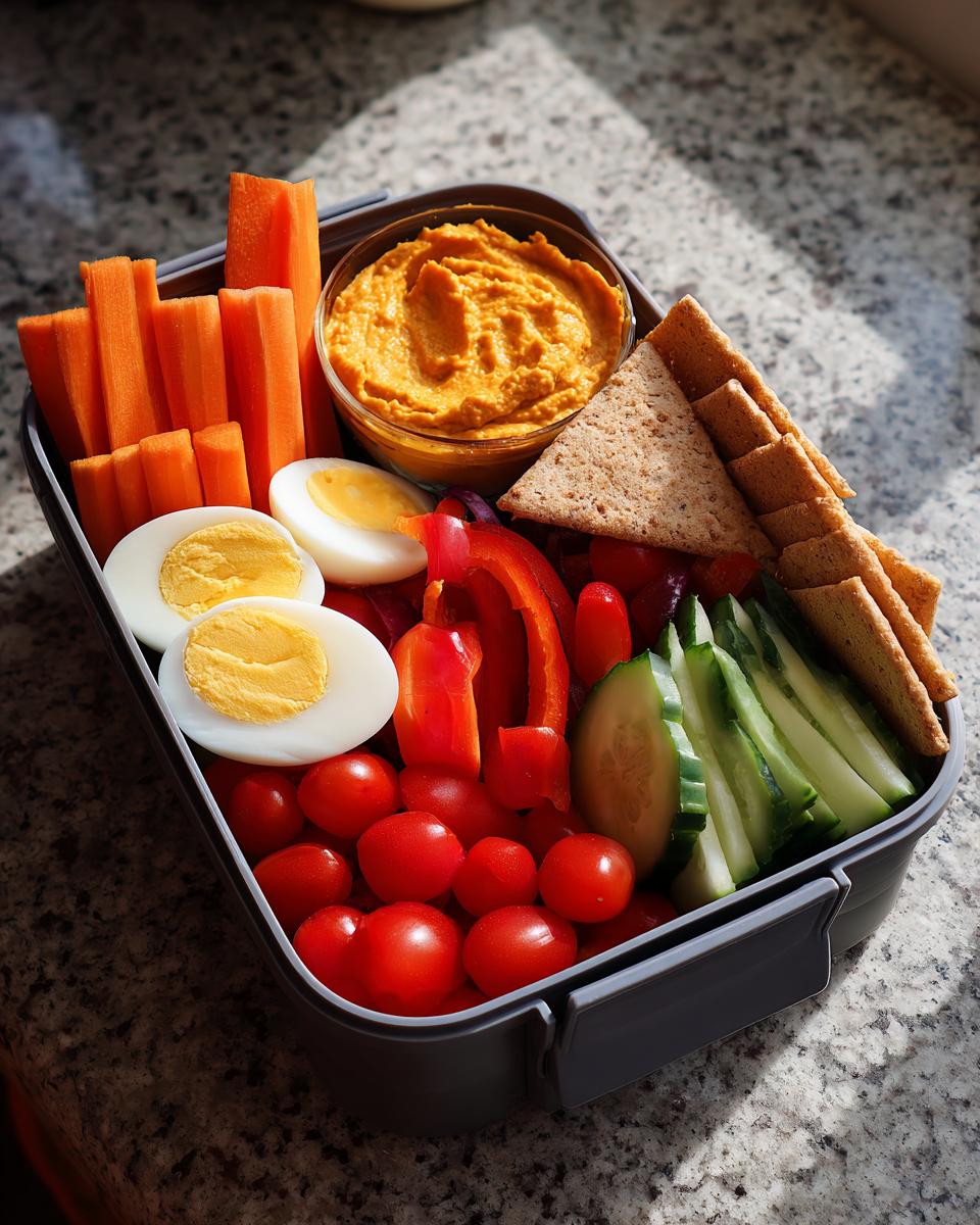 A bento box filled with healthy lunch ideas: veggie hummus, carrot sticks, hard-boiled eggs, cherry tomatoes, cucumber slices, and crackers.