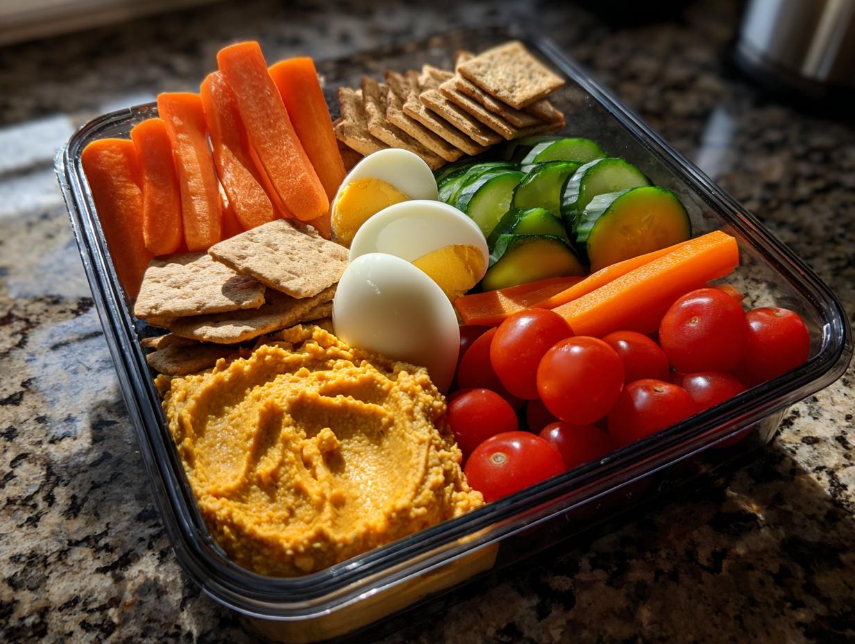 A healthy lunch idea featuring a veggie hummus bento box with carrots, cucumber, cherry tomatoes, hard-boiled eggs, and crackers.