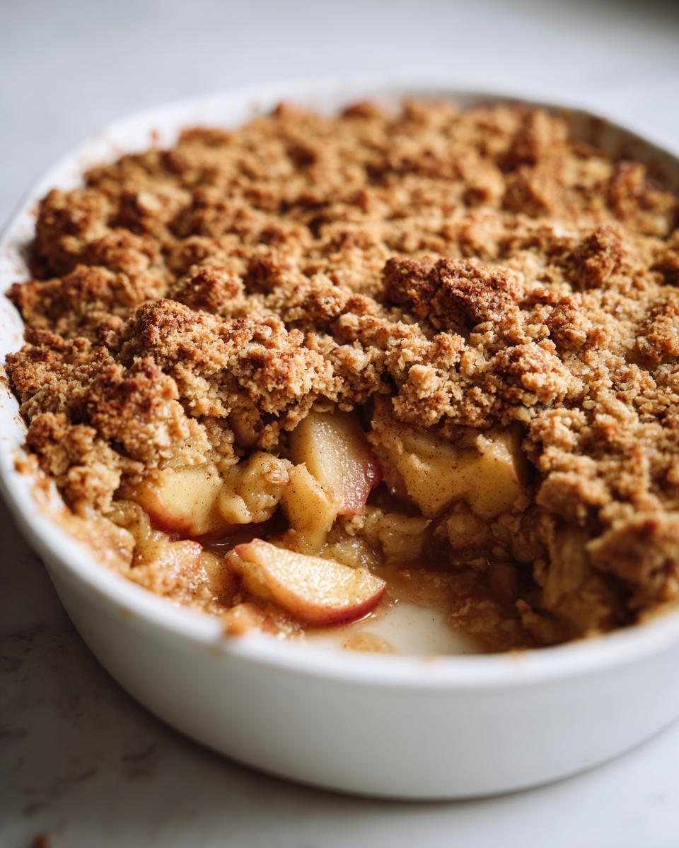 A close-up of a warm apple crisp in a white baking dish, showing tender apple slices and a buttery crumble topping.