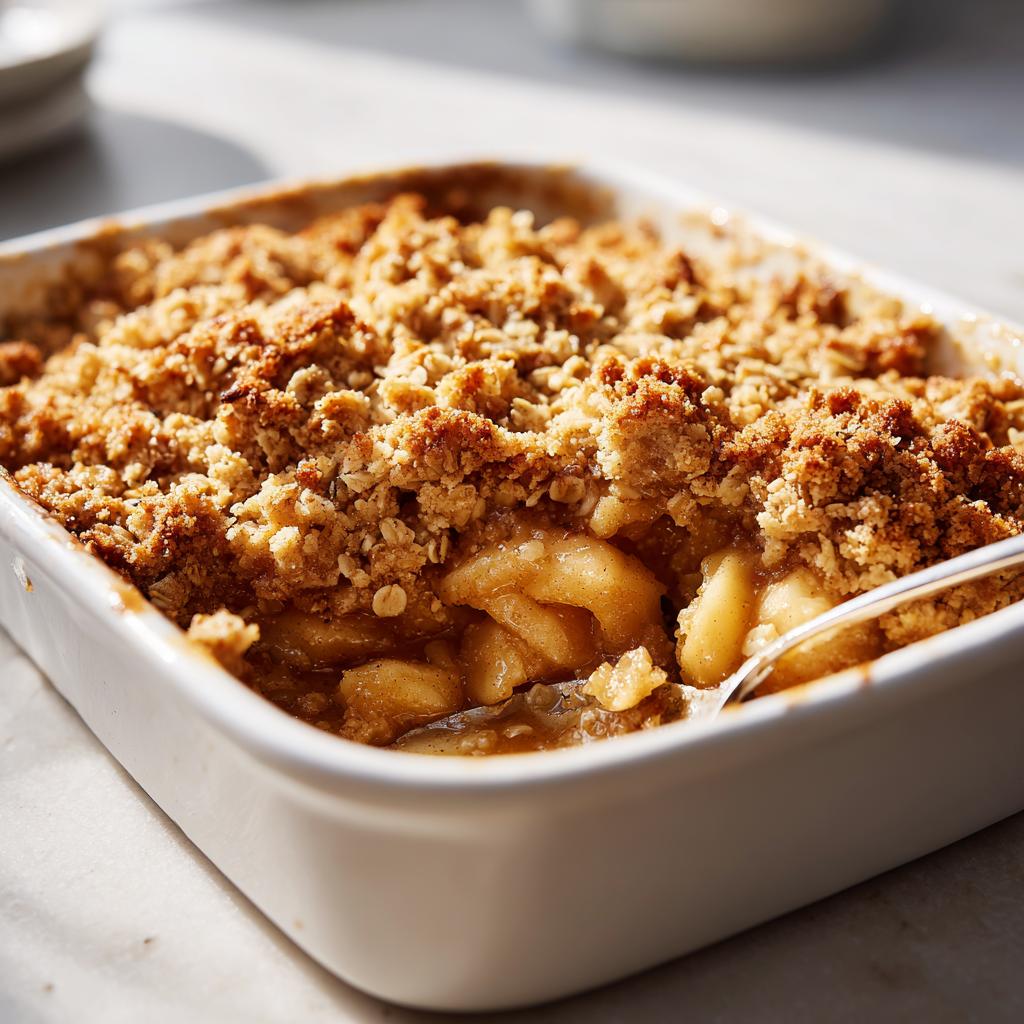 Close-up of a warm and buttery apple crisp in a white baking dish, with a spoon ready to serve.