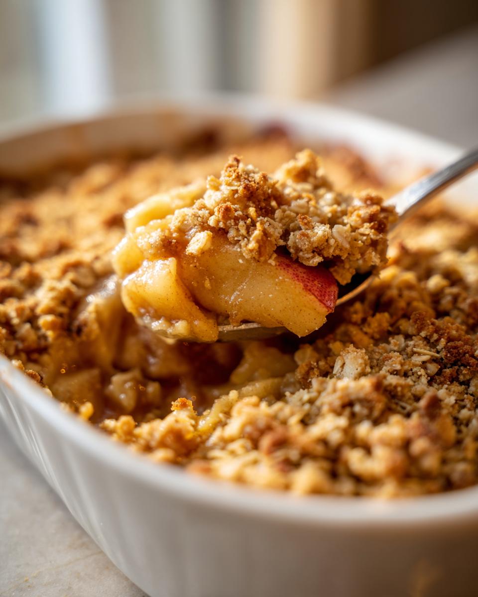 A spoonful of warm and buttery apple crisp, showing tender apples and a crumbly topping.