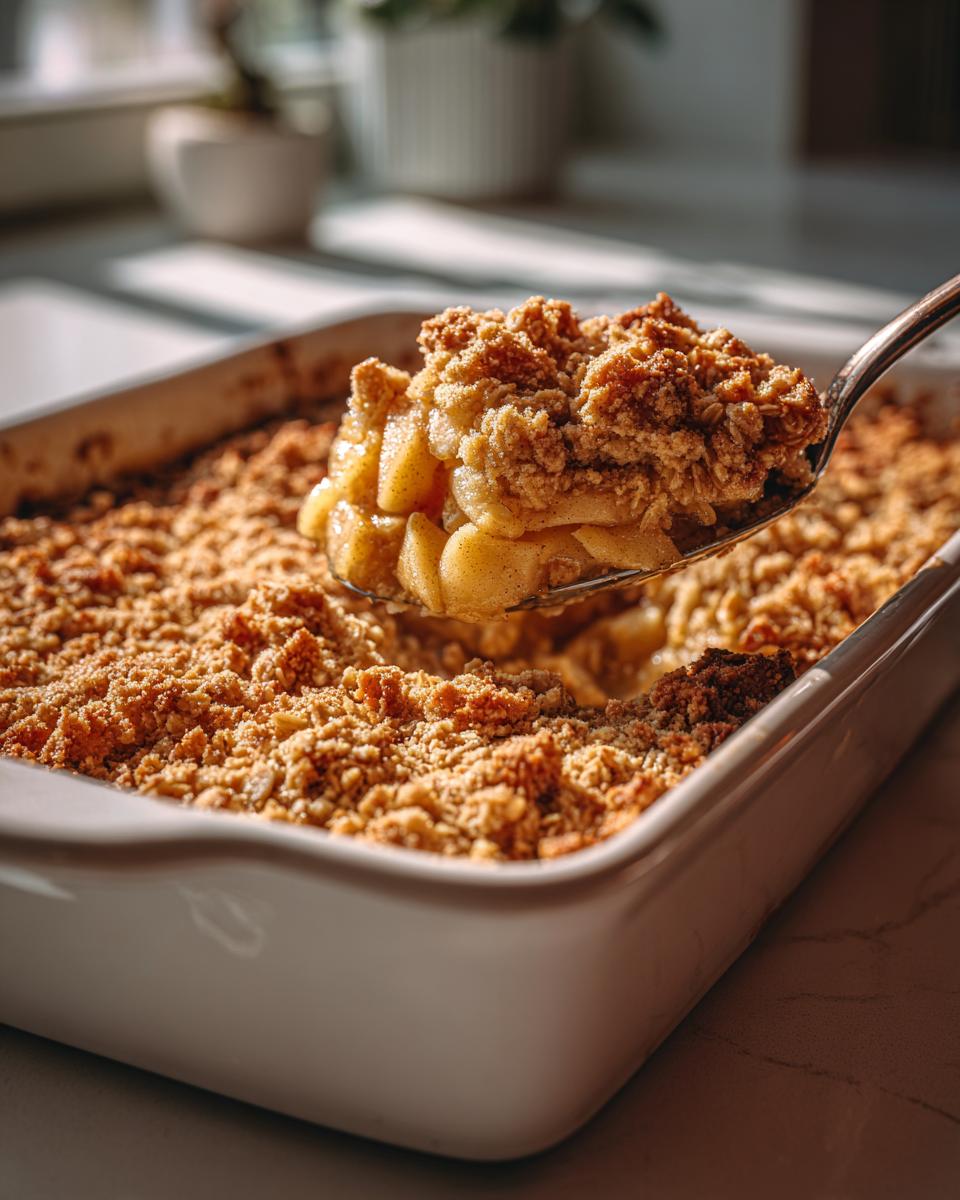 A spoonful of warm and buttery apple crisp being lifted from a baking dish, showing tender apples and a golden crumb topping.
