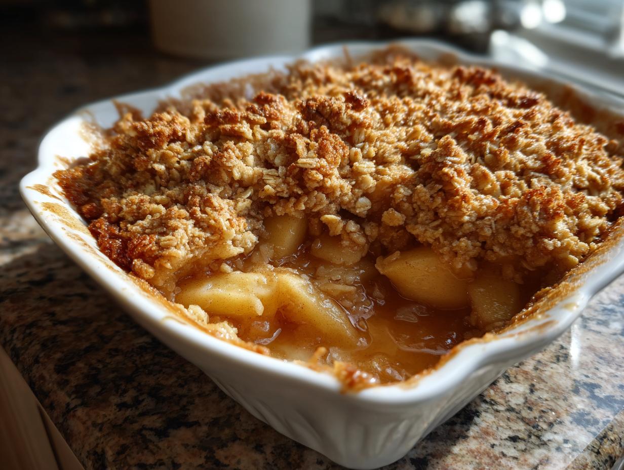 A close-up of a warm and buttery apple crisp in a white baking dish, showcasing tender baked apples and a golden crumb topping.