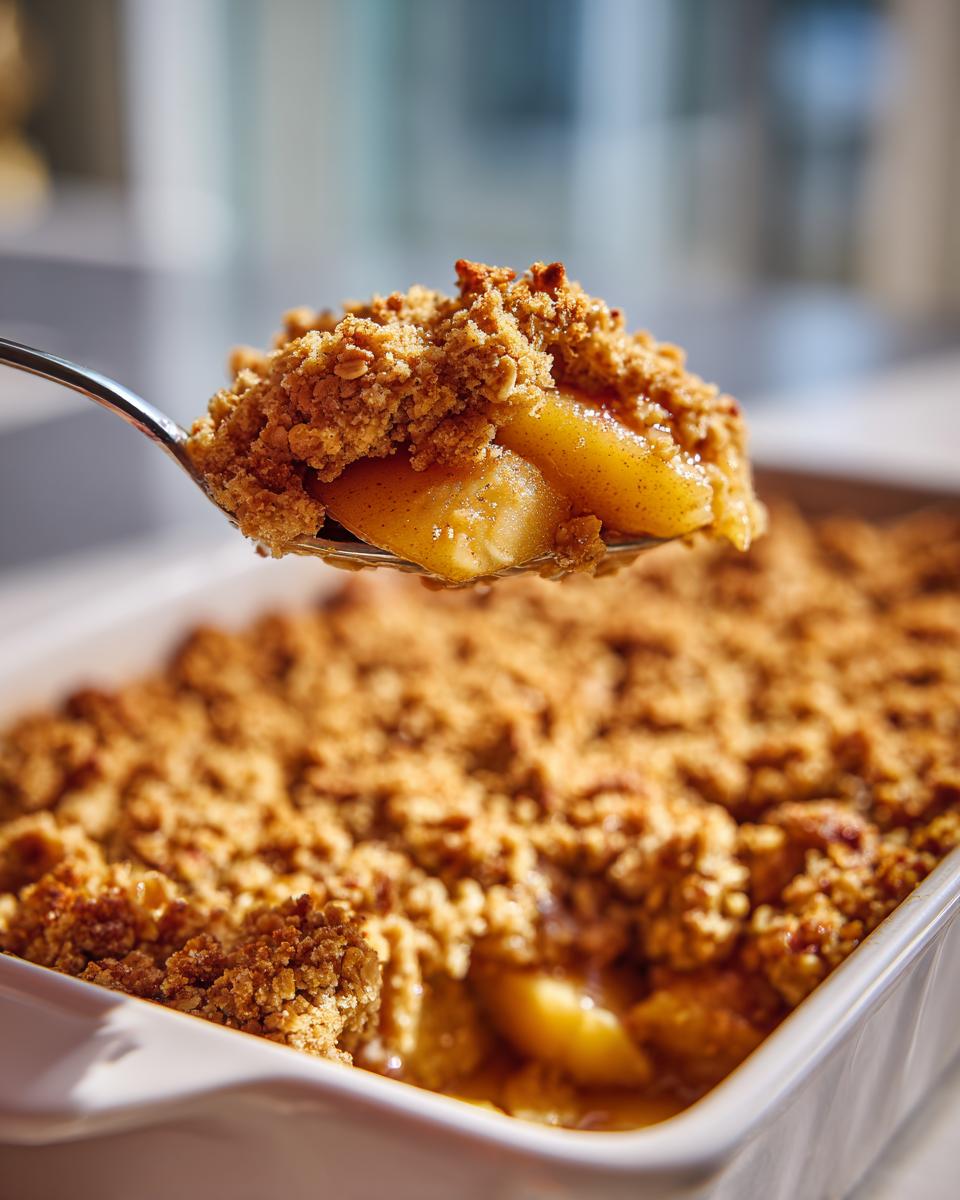 A spoonful of warm and buttery apple crisp, showing tender baked apples and a crumbly oat topping.