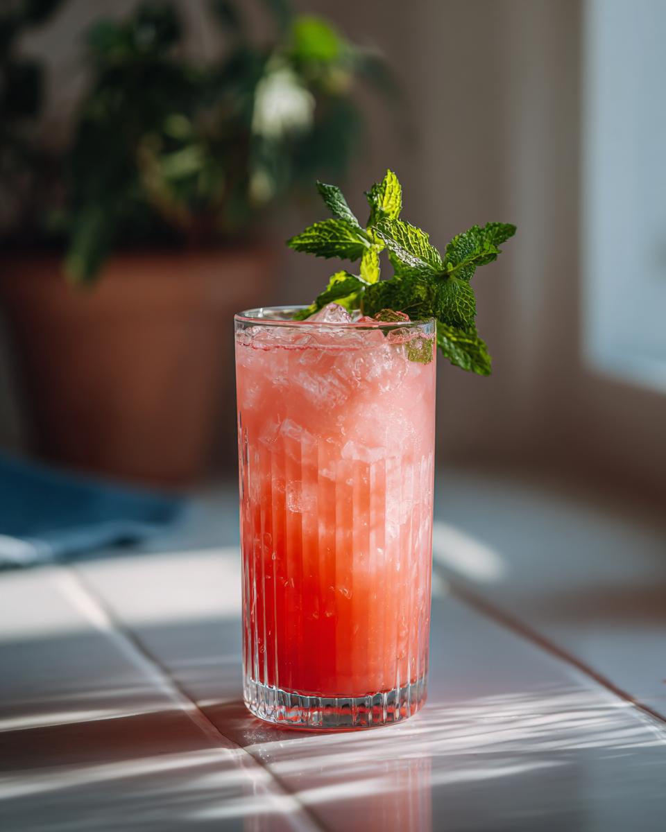 A tall glass filled with pink Watermelon Agua Fresca and crushed ice, garnished with fresh mint leaves.