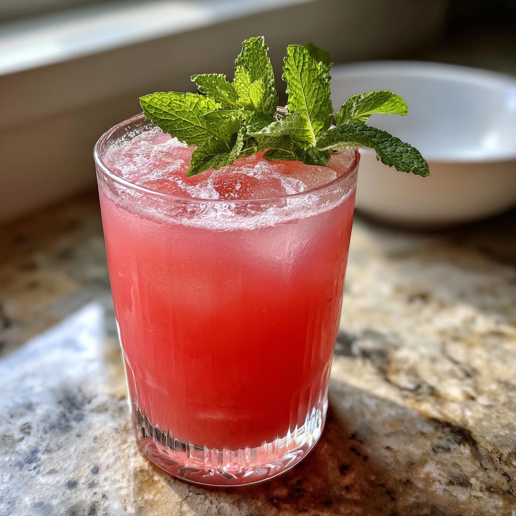 A tall glass of vibrant pink Watermelon Agua Fresca, filled with ice and topped with fresh mint leaves.