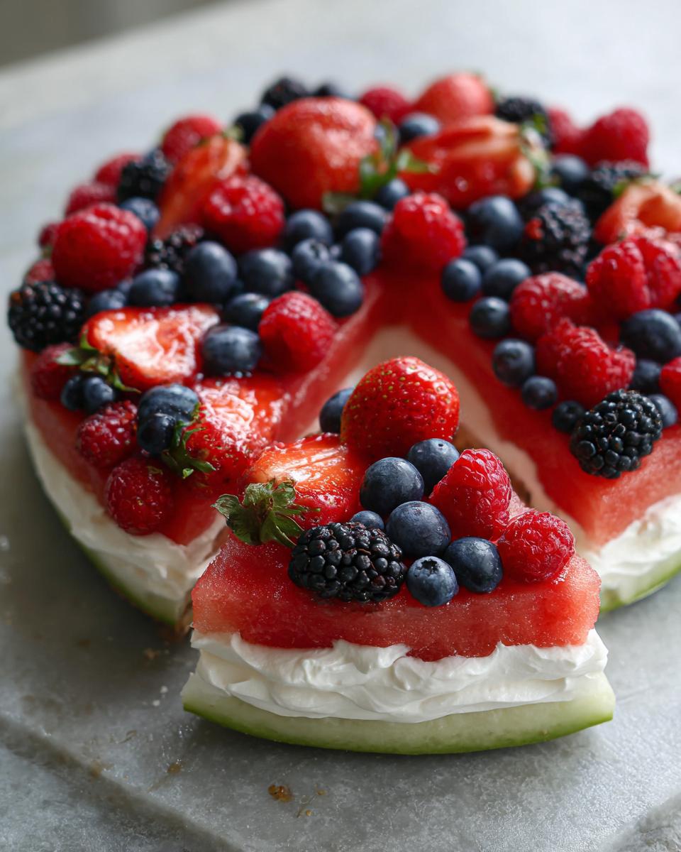 A slice of watermelon fruit pizza topped with whipped cream and mixed berries like strawberries, blueberries, and raspberries.