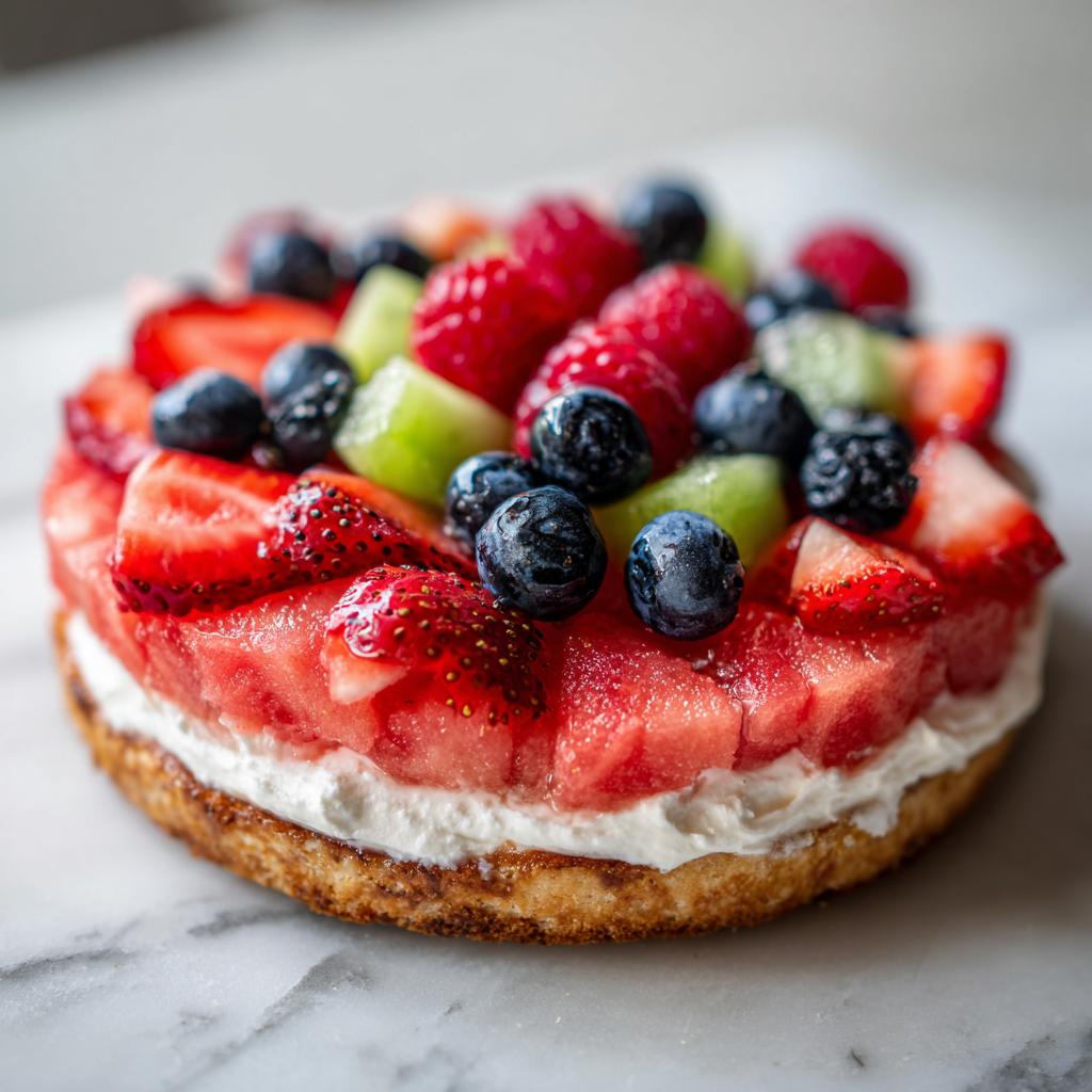 A vibrant Watermelon Berry Fruit Pizza topped with fresh strawberries, blueberries, raspberries, and kiwi.