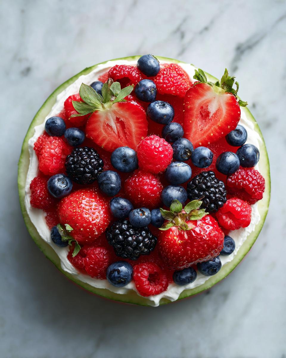 A refreshing watermelon slice topped with whipped cream and a vibrant mix of fresh berries, creating a berry fruit pizza.
