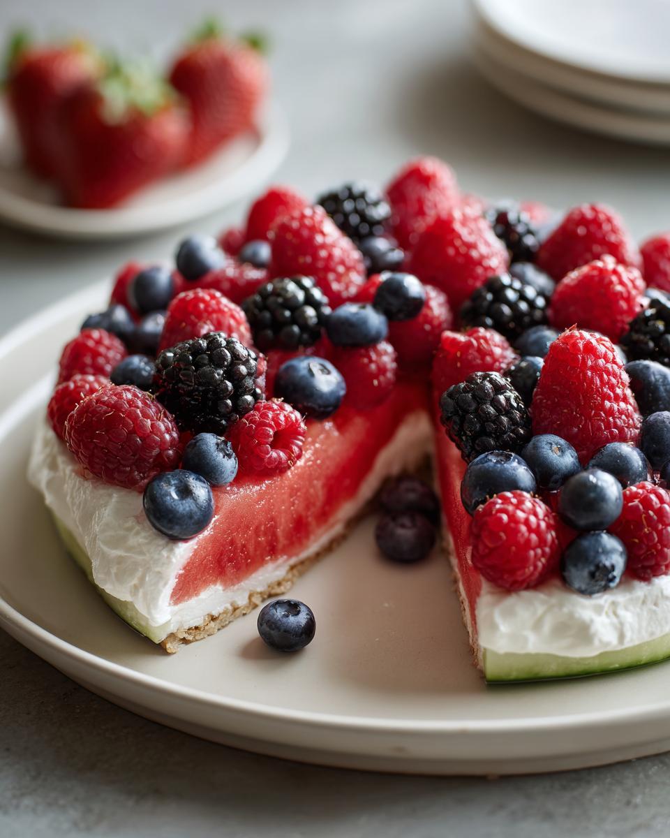 A slice of Watermelon Berry Fruit Pizza, topped with whipped cream and fresh mixed berries, perfect for a summer dessert.