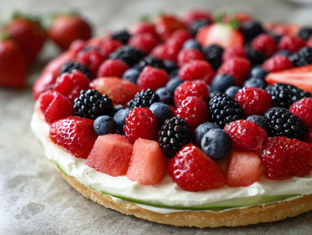 A vibrant Watermelon Berry Fruit Pizza topped with fresh strawberries, blueberries, raspberries, blackberries, and watermelon chunks.