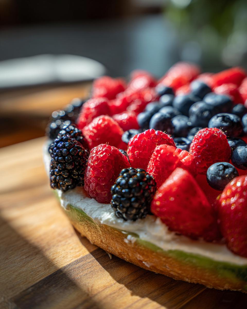 Close-up of a vibrant Watermelon Recipes With Berry Fruit Pizza topped with fresh raspberries, blueberries, and blackberries.