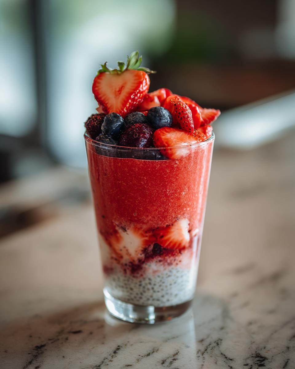 A refreshing watermelon parfait layered with chia pudding, fresh strawberries, and blueberries.