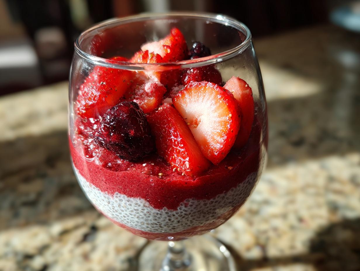 Close-up of a layered chia parfait with watermelon puree, chia seeds, and fresh strawberries and blueberries.