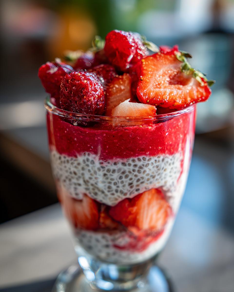 A refreshing watermelon recipe for chia parfaits, layered with chia pudding and fresh strawberries and raspberries.