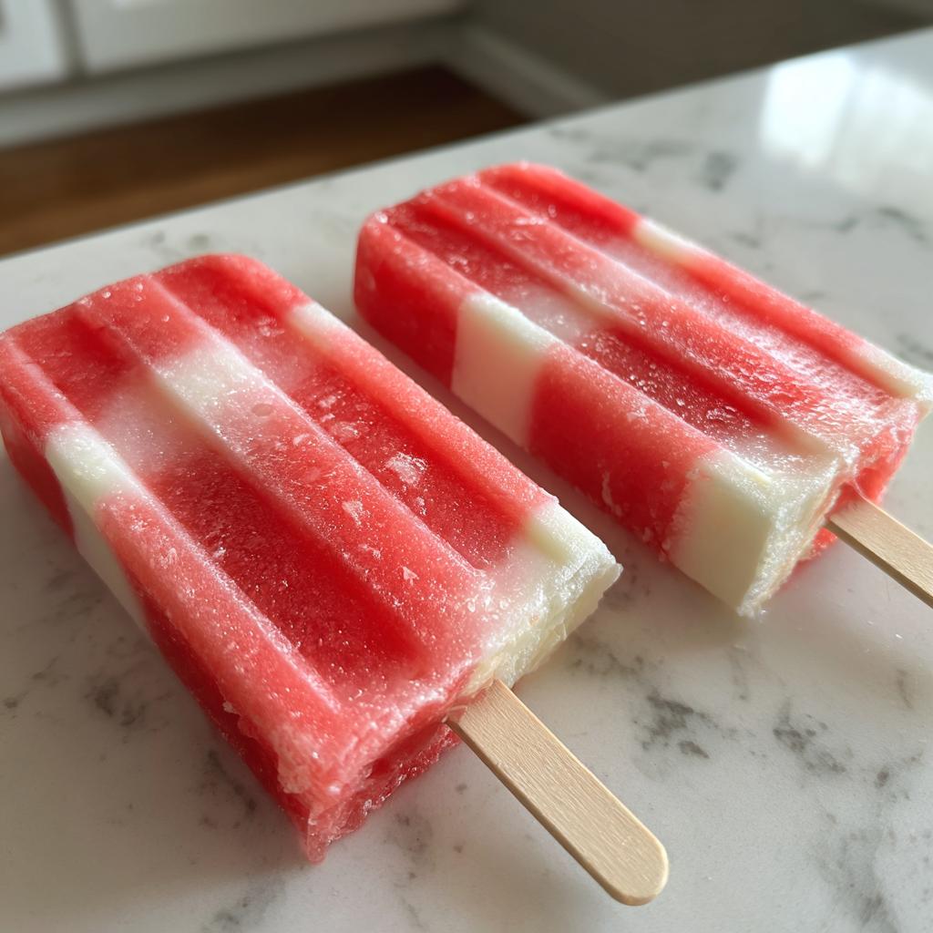 Two striped watermelon popsicles with coconut lime layers on a marble countertop.